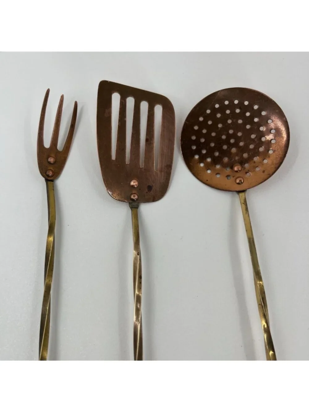 Vintage Copper Brass Kitchen Utensils Set of 3 Long Handle Spatula Fork Skimmer